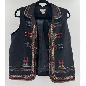 Vintage Graff Womens Black Embroidered Toggle Vest LARGE Southwest Folk Boho
